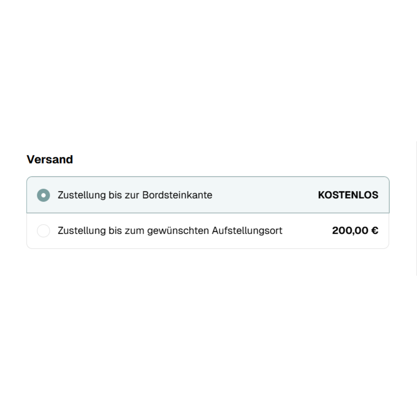 Darstellung der Versandoptionen im YOUL Shop: Auswahl zwischen kostenloser Lieferung bis zur Bordsteinkante oder komfortabler Zustellung bis zum Aufstellungsort