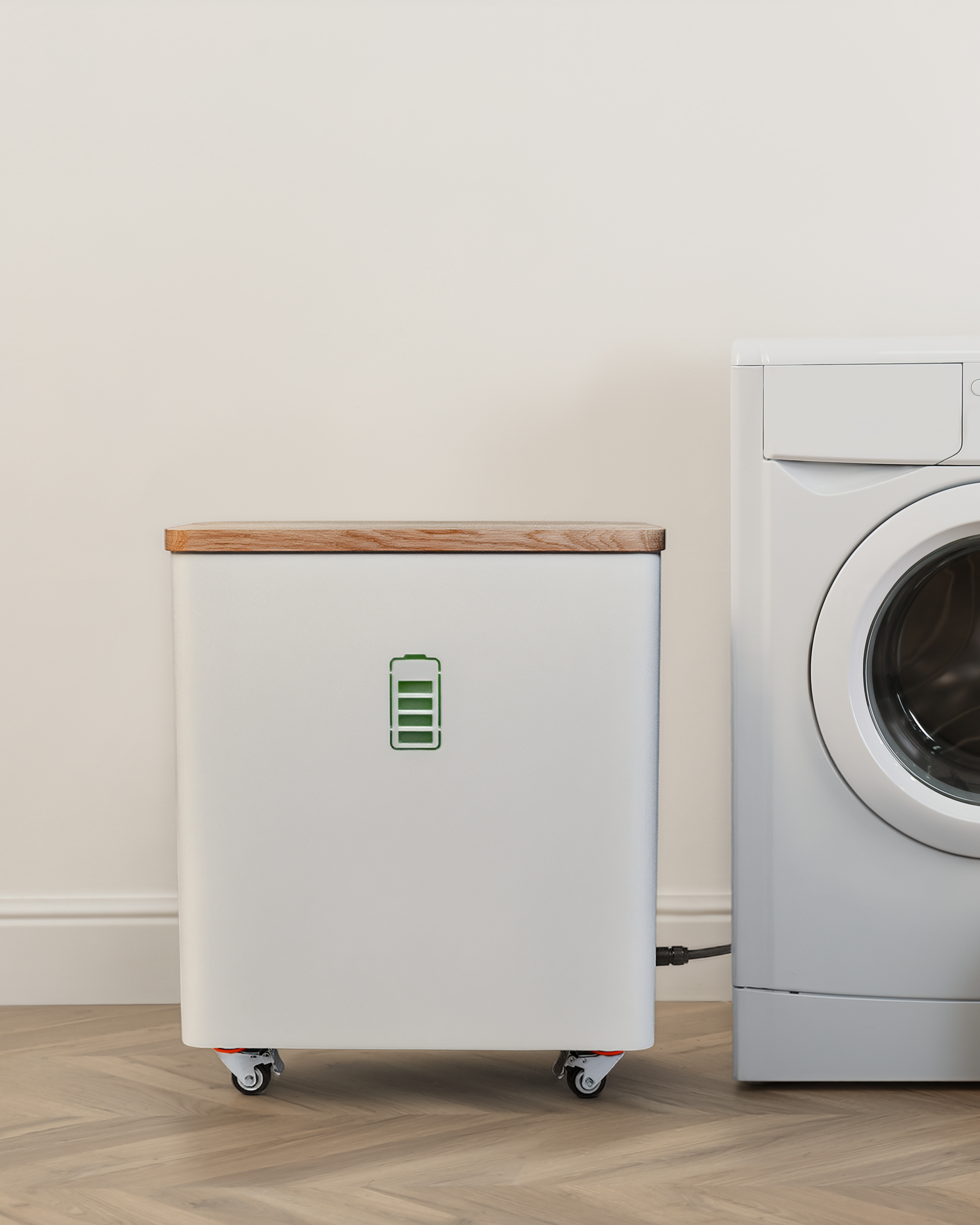 Der YOULIQ Batteriespeicher neben einer Waschmaschine, um die kompakten Dimensionen zu zeigen