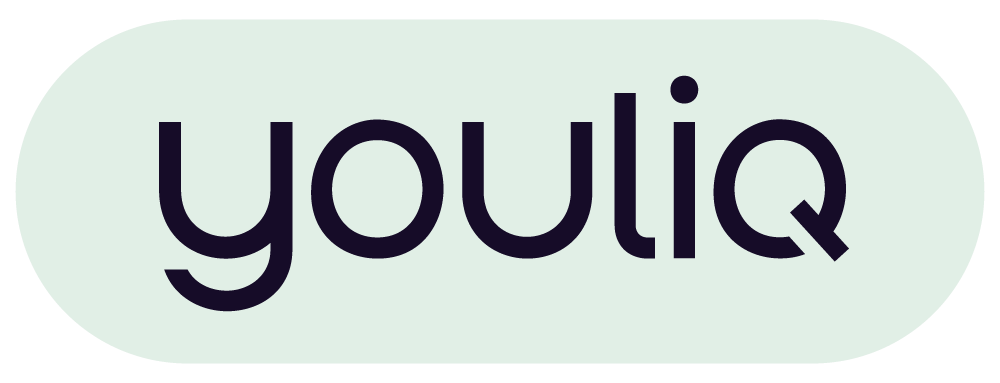 Logo with the word "youliq" in a teal color on a transparent background
