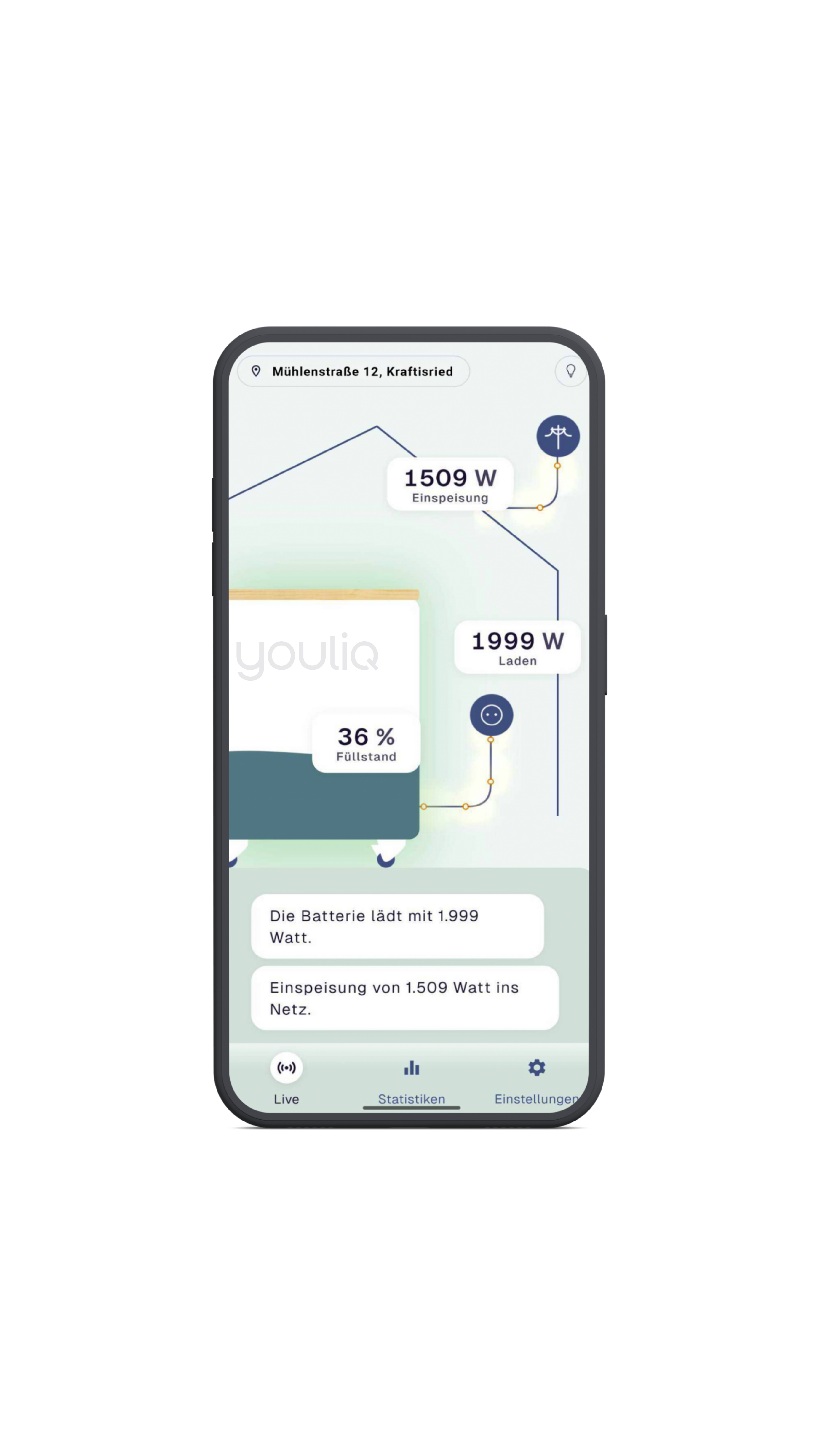 YOUL one App auf Smartphone zeigt Energiefluss, Ladezustand und Batteriestand in Echtzeit.
