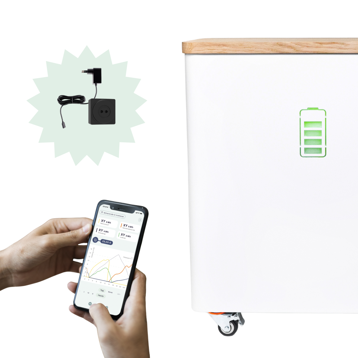 Echtzeit-Monitoring mit der YOUL Energie-App: Verfolgen Sie den Ladezustand des YOUL ONE Batteriespeichers und die Daten des EcoTrackers bequem auf dem Smartphone.